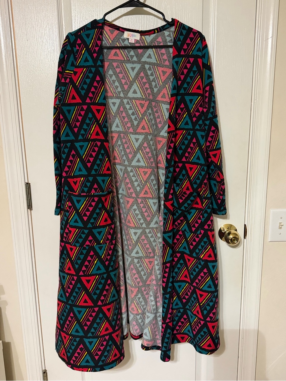 LuLaRoe Open Front Cardigan in Black with Teal, Pink and Red Geometric Print